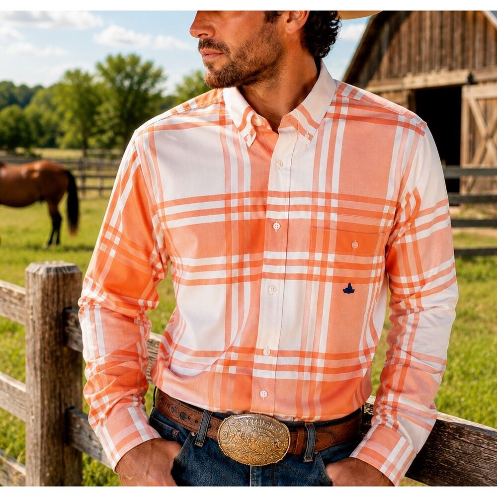 Panhandle Slim Orange Plaid White Western Shirt Mens Large Long Sleeve Cotton